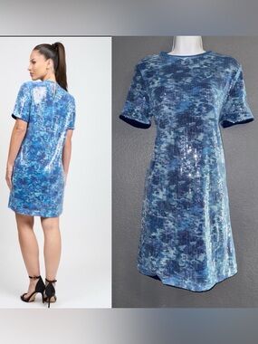 DG2 by Diane Gilman New w Tags Sequin Short Sleeve Blue Shift Dress XS - Small